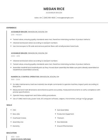Assembler Brazer Resume