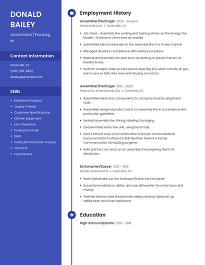 Assembler/Packager Resume