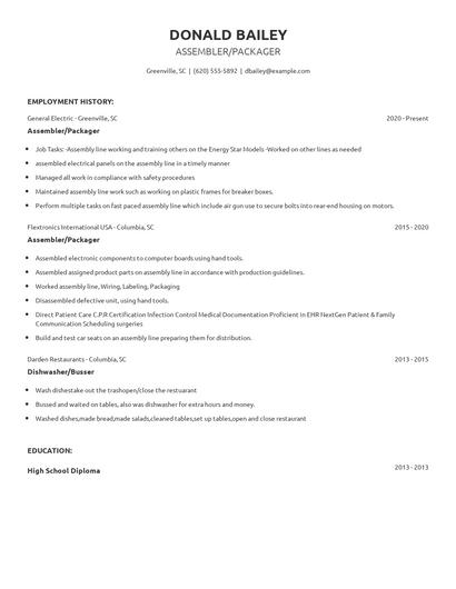 Assembler/Packager Resume