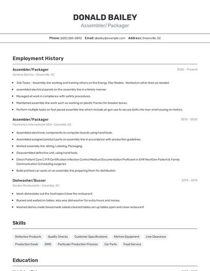 Assembler/Packager Resume