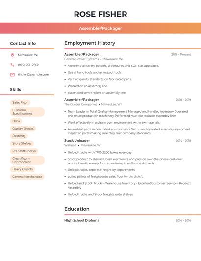 Assembler/Packager Resume