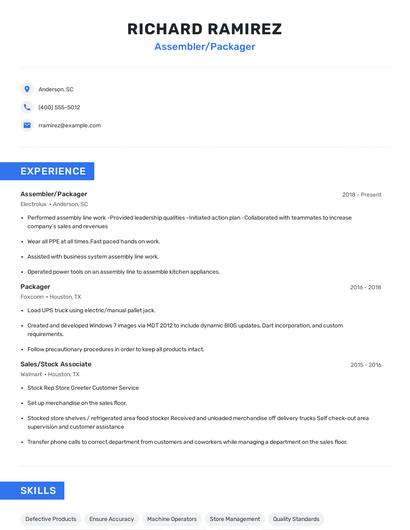 Assembler/Packager Resume