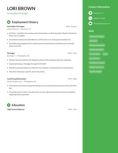 Assembler/Packager Resume