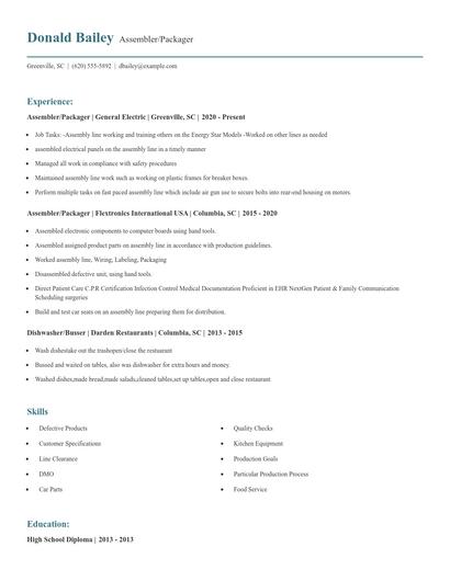 Assembler/Packager Resume