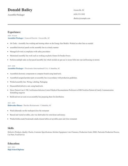 Assembler/Packager Resume
