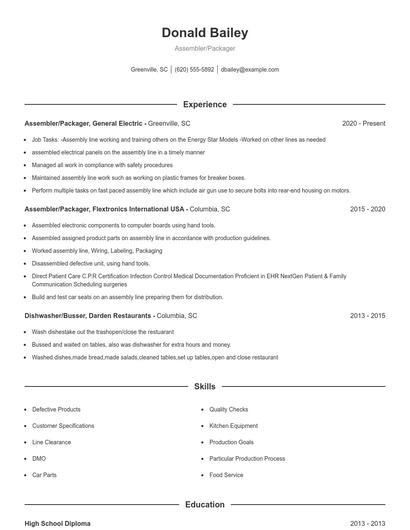 Assembler/Packager Resume