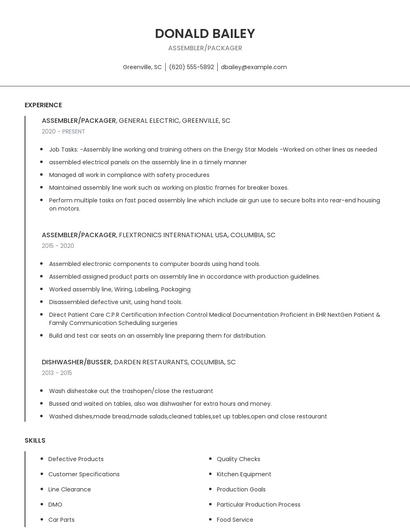 Assembler/Packager Resume
