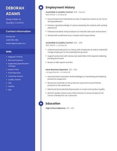 Assembler & Quality Control Resume