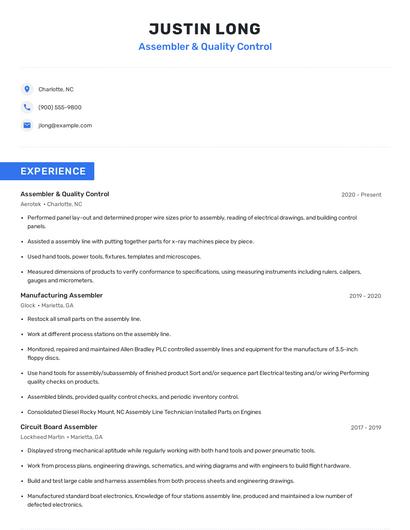 Assembler & Quality Control Resume