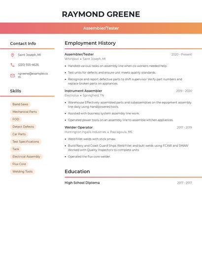 Assembler/Tester Resume