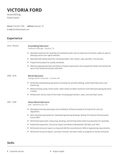 Assembling Fabricator Resume