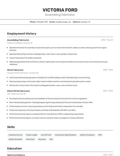 Assembling Fabricator Resume