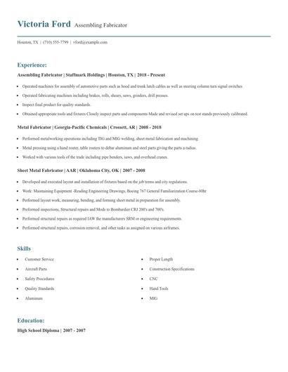 Assembling Fabricator Resume