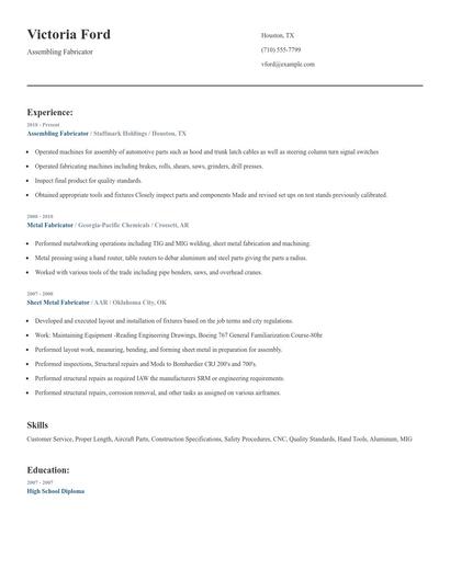 Assembling Fabricator Resume