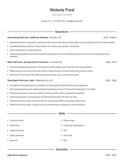 Assembling Fabricator Resume