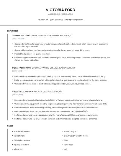 Assembling Fabricator Resume