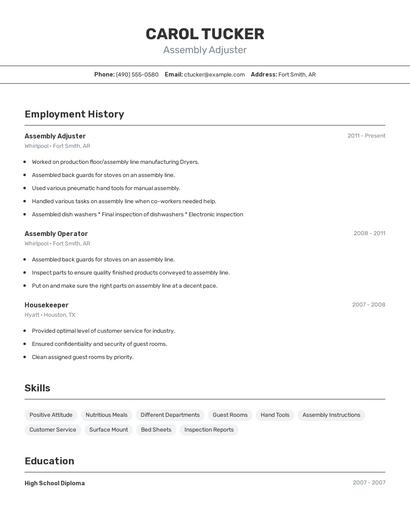 Assembly Adjuster Resume