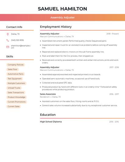 Assembly Adjuster Resume