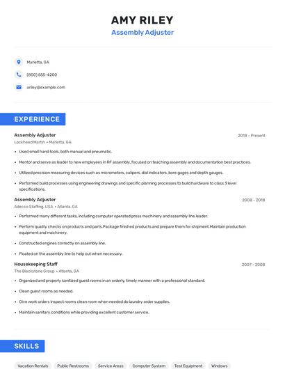 Assembly Adjuster Resume