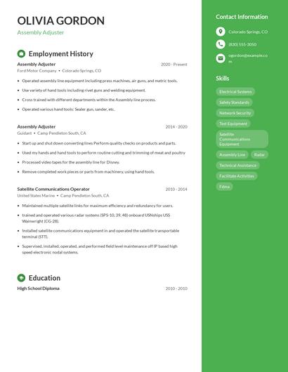 Assembly Adjuster Resume