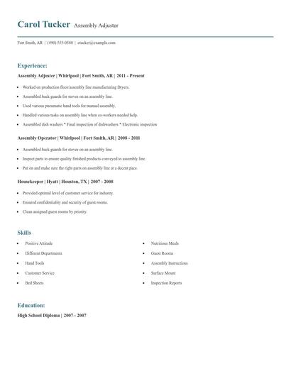 Assembly Adjuster Resume