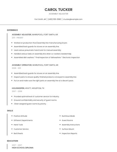 Assembly Adjuster Resume
