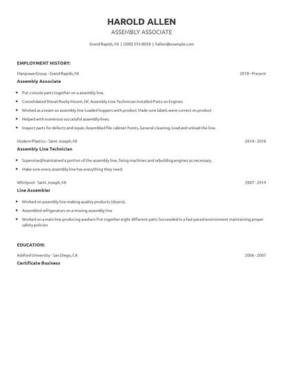 Assembly Associate Resume