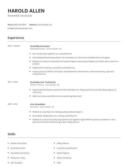 Assembly Associate Resume