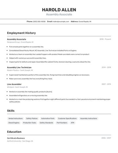 Assembly Associate Resume