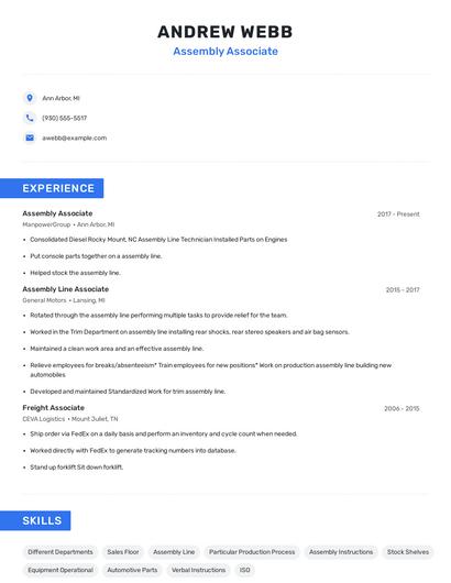 Assembly Associate Resume