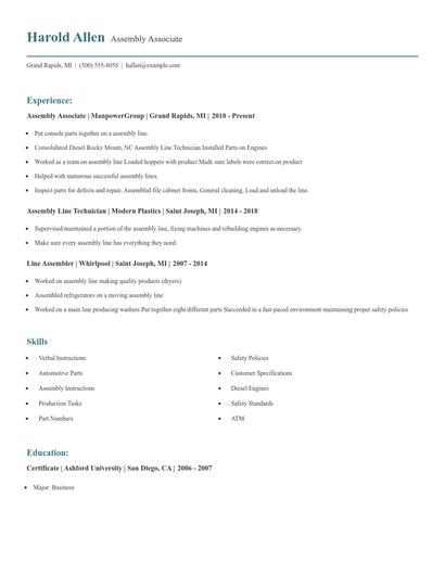 Assembly Associate Resume