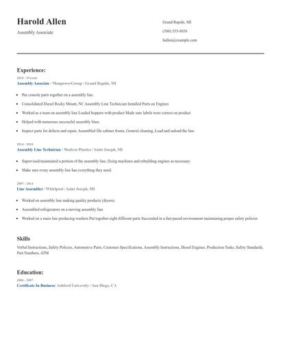 Assembly Associate Resume