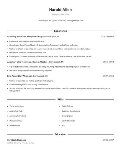 Assembly Associate Resume