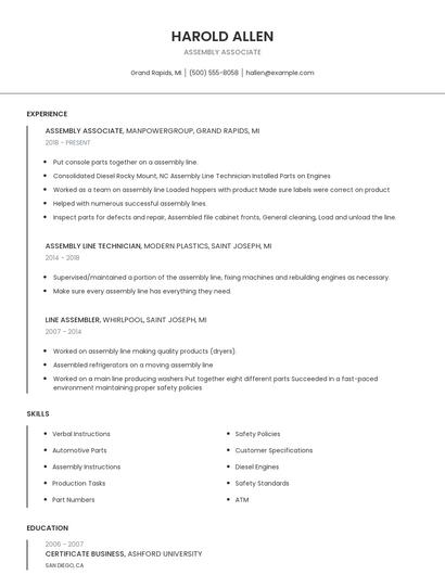 Assembly Associate Resume