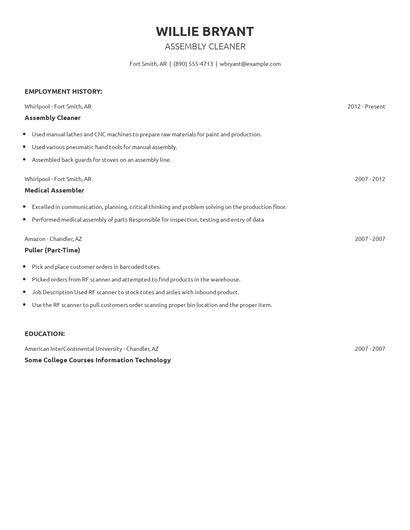 Assembly Cleaner Resume