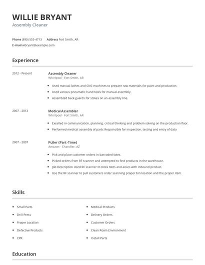 Assembly Cleaner Resume
