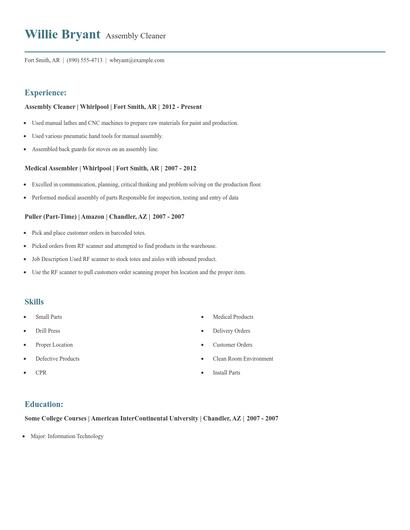 Assembly Cleaner Resume