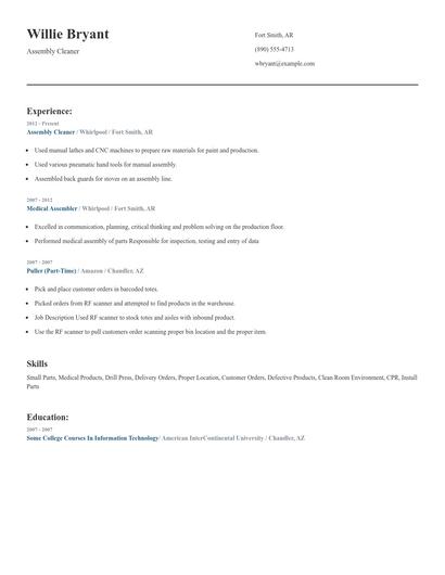 Assembly Cleaner Resume