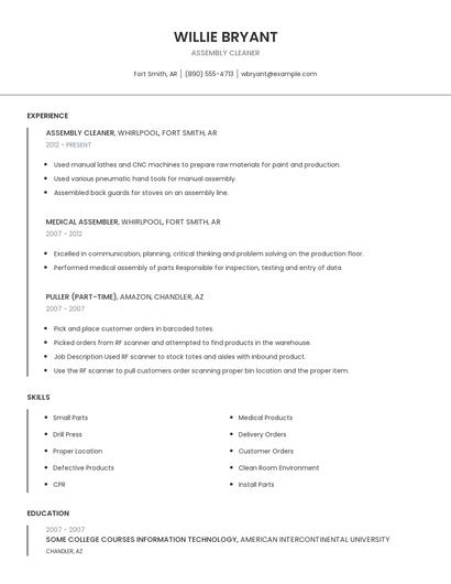 Assembly Cleaner Resume
