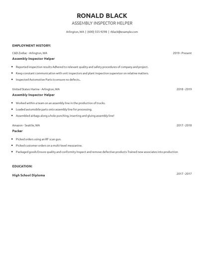 Assembly Inspector Helper Resume