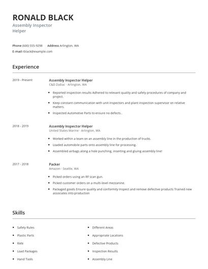 Assembly Inspector Helper Resume