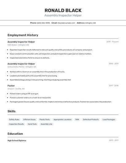 Assembly Inspector Helper Resume