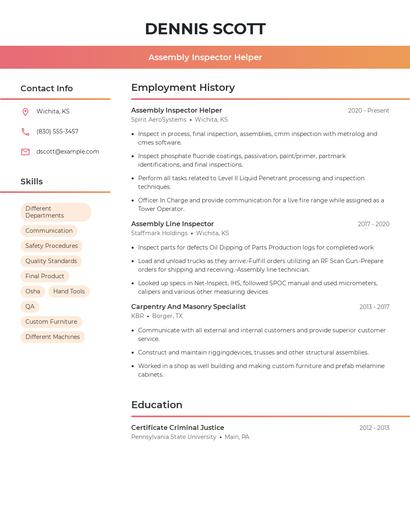 Assembly Inspector Helper Resume