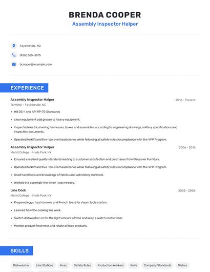 Assembly Inspector Helper Resume