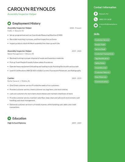 Assembly Inspector Helper Resume