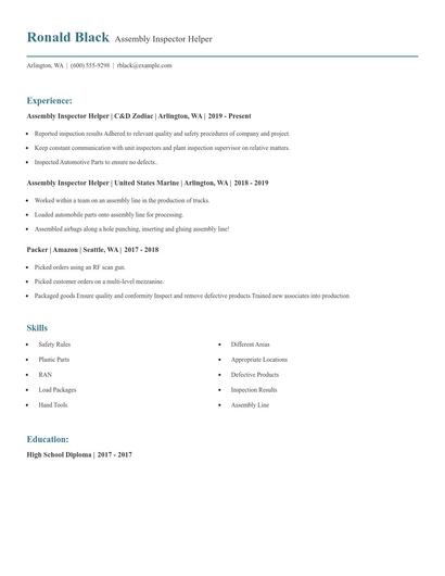Assembly Inspector Helper Resume