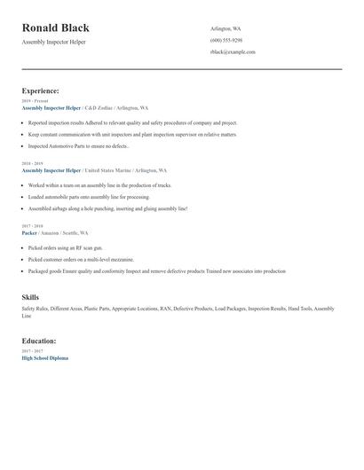 Assembly Inspector Helper Resume