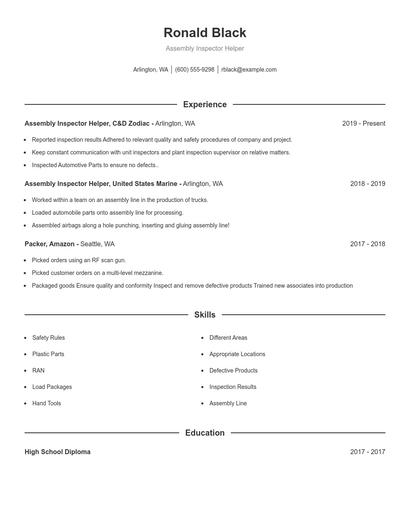 Assembly Inspector Helper Resume