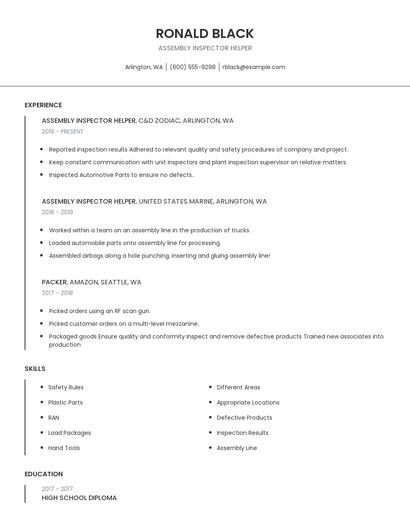 Assembly Inspector Helper Resume