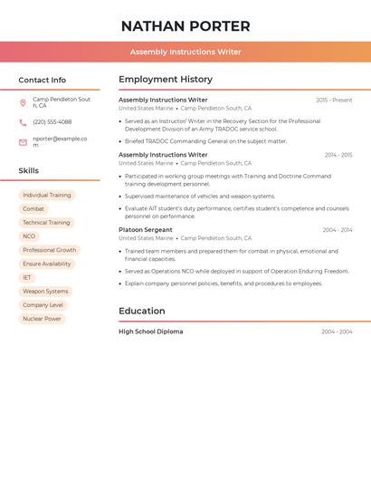 Assembly Instructions Writer Resume